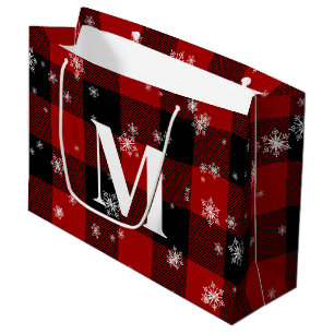 Rotes Kariert & Schneeflocken Monogramm Erstflug W Große Geschenktüte