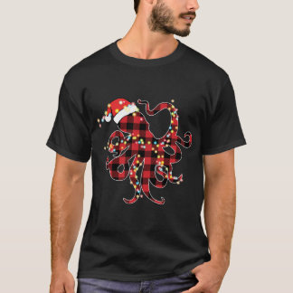 Rotes Kariertes Buffalo Octopus Weihnachtslichter T-Shirt