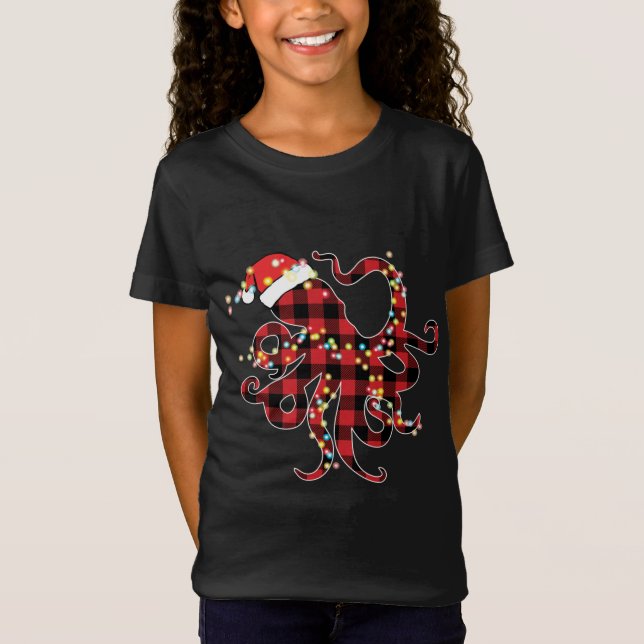 Rotes Kariertes Buffalo Octopus Weihnachtslichter  T-Shirt (Vorderseite)