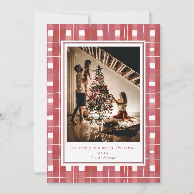 Rotes Kariertes Flanell Foto Frohe Weihnachten (Vorderseite)
