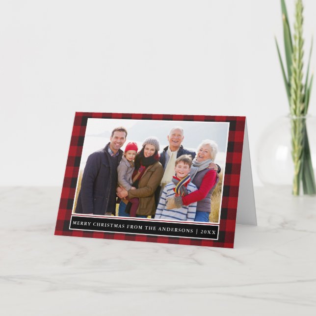 Rotes Kariertes Foto frohe Weihnachten geklappt (Vorderseite)