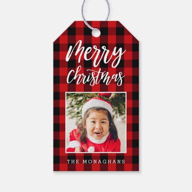 Rotes Kariertes Foto Weihnachten Geschenkanhänger (Vorderseite)