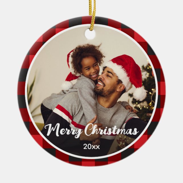Rotes Kariertes Foto Weihnachten Keramik Ornament (Vorne)