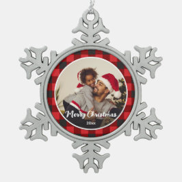 Rotes Kariertes Foto Weihnachten Schneeflocken Zinn-Ornament