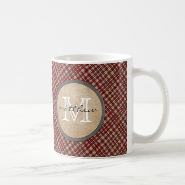 Rotes kariertes Hintergrundmonogramm Kaffeetasse (Rechts)