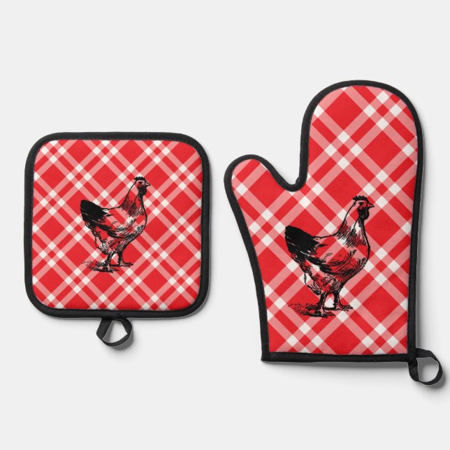 Rotes kariertes Hühnchen Ofenhandschuh & Topflappen-Set (Vorderseite)