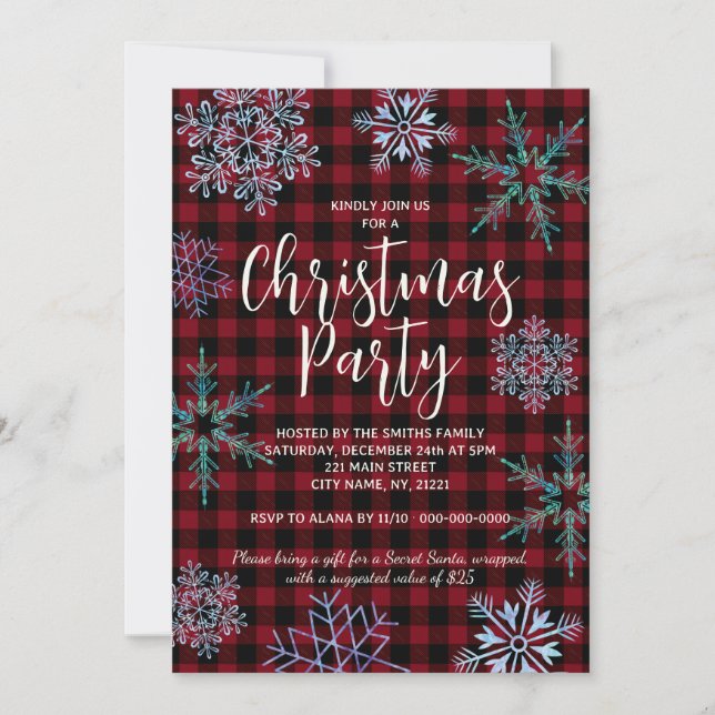 Rotes Kariertes Schneeflocken Weihnachts-Party Einladung (Vorderseite)