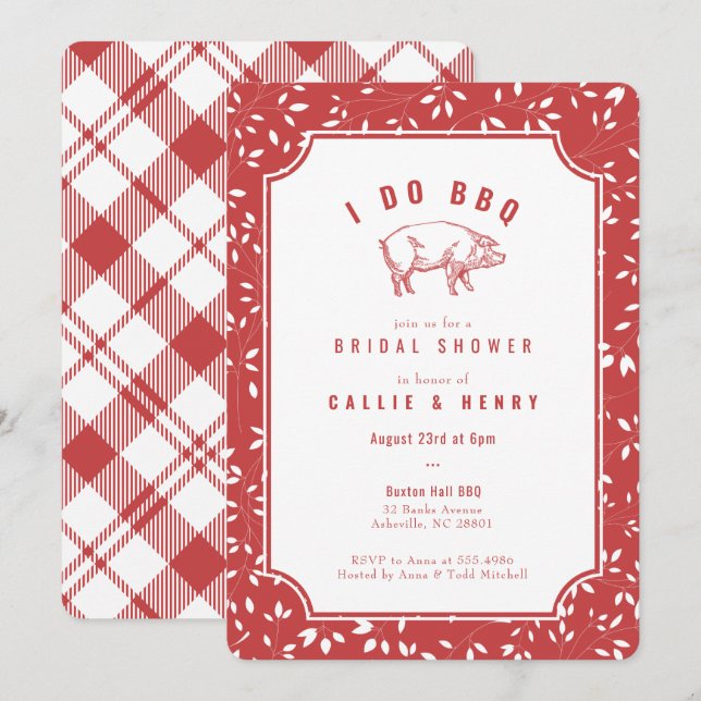 Rotes kariertes Schwein ich mache GRILLEN Bridal D Einladung (Vorne/Hinten)