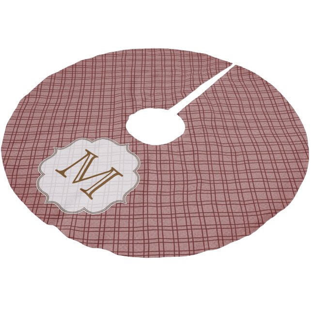 Rotes Kariertes Tartan Monogram, initiales Treppen Polyester Weihnachtsbaumdecke (Schrägansicht)