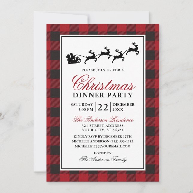 Rotes Kariertes Weihnachtsessen Party Reindeer Einladung (Vorderseite)