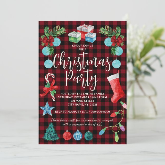 Rotes Kariertes WeihnachtsParty Einladung (Stehend Vorderseite)