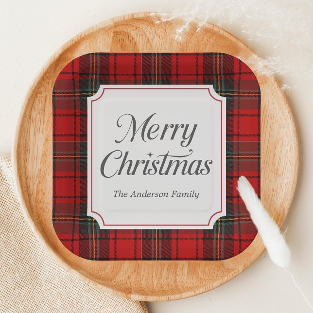 Rotes Karo Frohe Weihnachten Quadrat Pappteller (Red Plaid Modern Merry Christmas Holiday Paper Plate
)