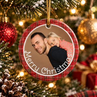Rotes Karo-Gingham-Familienfoto Frohe Weihnachten  Keramik Ornament