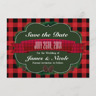 Rotes Karo & Kiefernzapfen Rustikale Land Einladun Save The Date