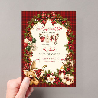 Rotes Karo-Weihnachts-Baby-Shower Acryleinladungen