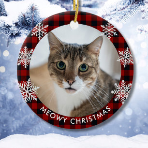 Rotes Karomuster Individuelles Katzenfoto Meowy We Keramik Ornament