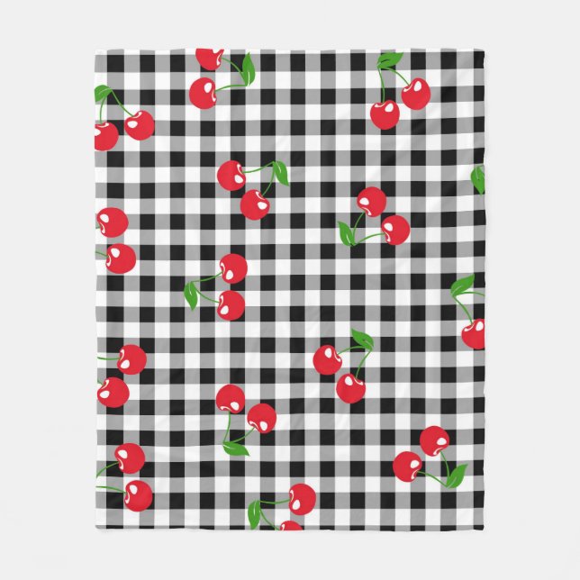 Rotes Kirsch-Gingham-Schwarz-Weiß-Karo-Gemütlich  Fleecedecke (Vorderseite)