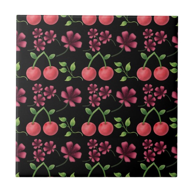 Rotes Kirschblütenmuster  Fliese (Vorderseite)