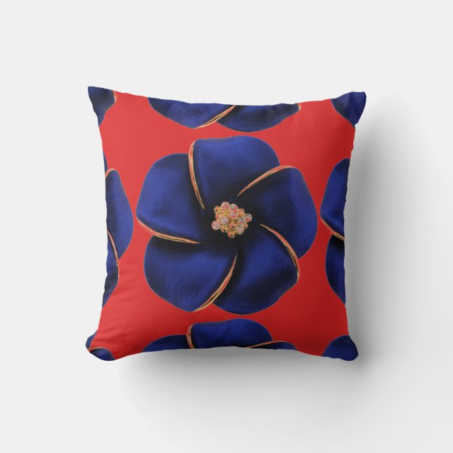 Rotes Kissen mit blauen seidenblauen Blume (Vorderseite)