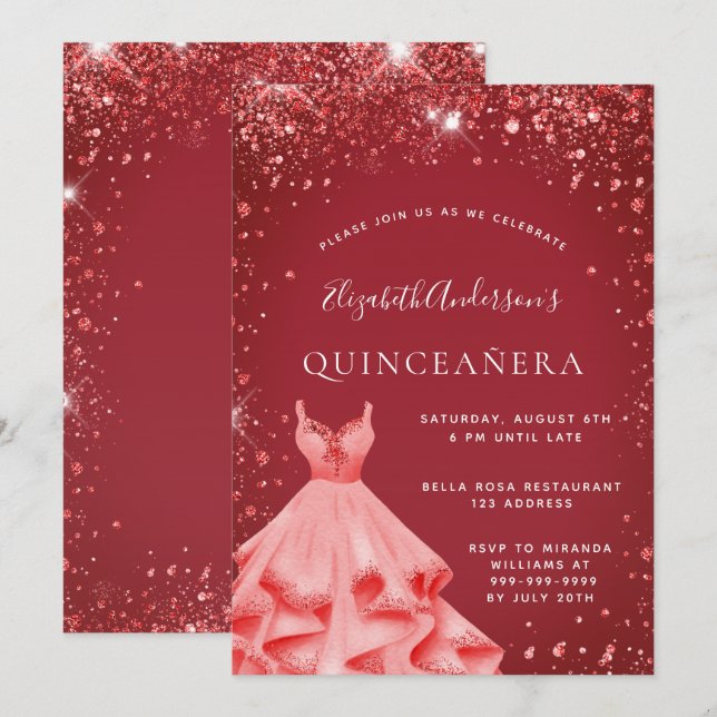 Rotes Kleid aus Quinceanera Glitzer Einladung (Vorne/Hinten)