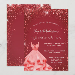 Rotes Kleid aus Quinceanera Glitzer Einladung