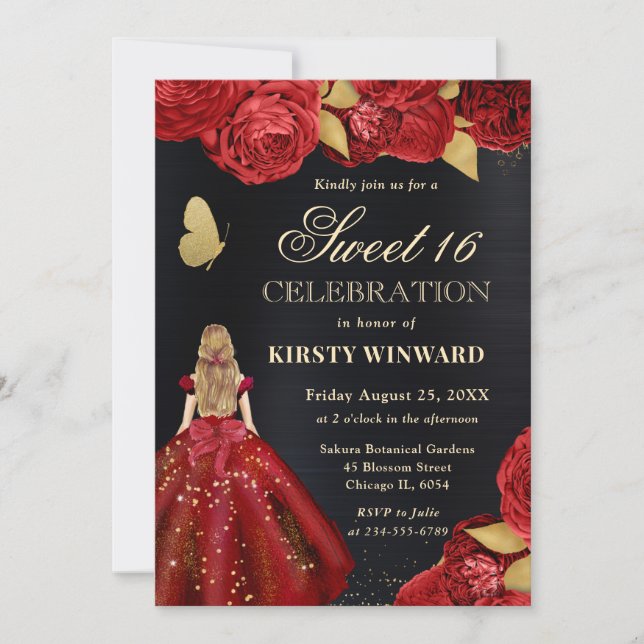 Rotes Kleid Blonde Frauen Blume Sweet 16 Einladung (Vorderseite)