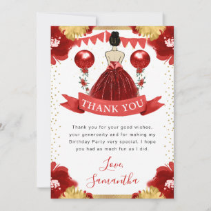 Rotes Kleid Braunhaarige Prinzessin Geburtstag Dankeskarte
