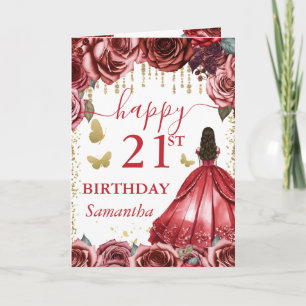 Rotes Kleid Braunhaarige Prinzessin Geburtstag Karte