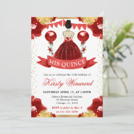 Rotes Kleid Brünett Princess Quinceanera Einladung