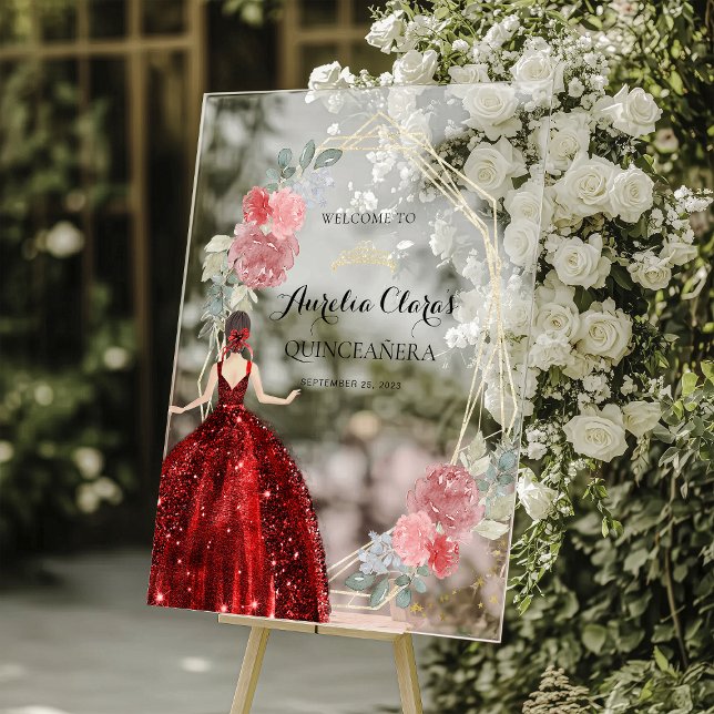 Rotes Kleid Floral Geometric Quinceañera Birthday Acrylschild (Von Creator hochgeladen)