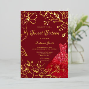 Rotes Kleid Goldene Blätter Elegant Sweet 16 Gold Folieneinladung