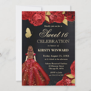 Rotes Kleid Rothaarige Frau Blumen Sweet 16 Einladung