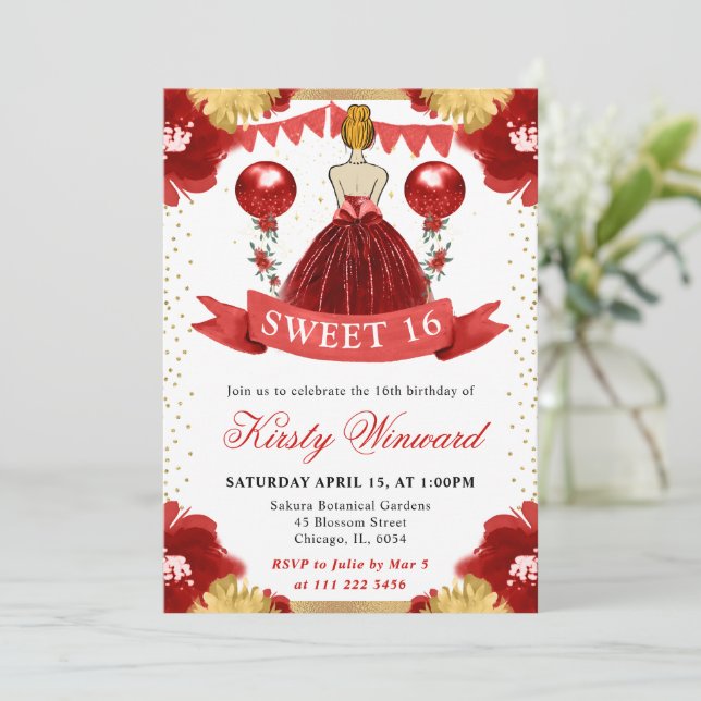 Rotes Kleid Rothaarige Prinzessin Sweet 16 Einladung (Stehend Vorderseite)