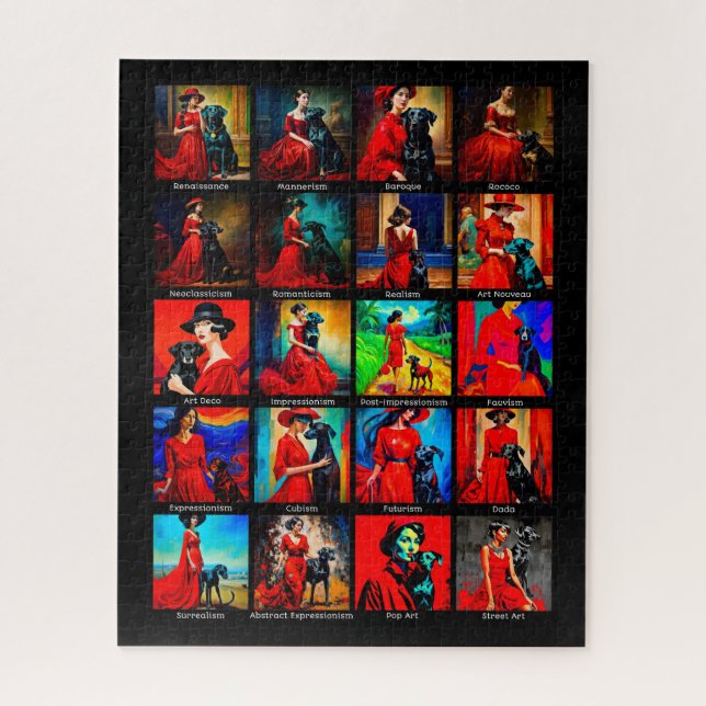 Rotes Kleid Schwarzer Hund Kunstbewegungen (Vertikal)