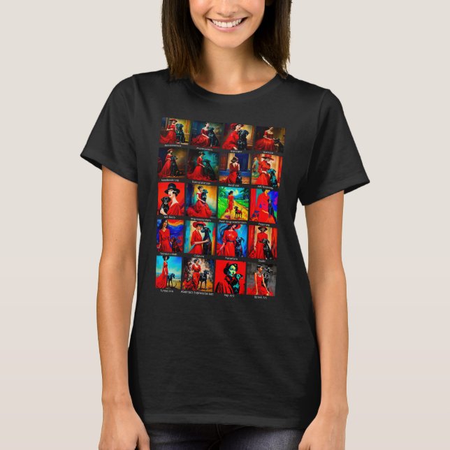 Rotes Kleid Schwarzer Hund Kunstbewegungen T-Shirt (Vorderseite)
