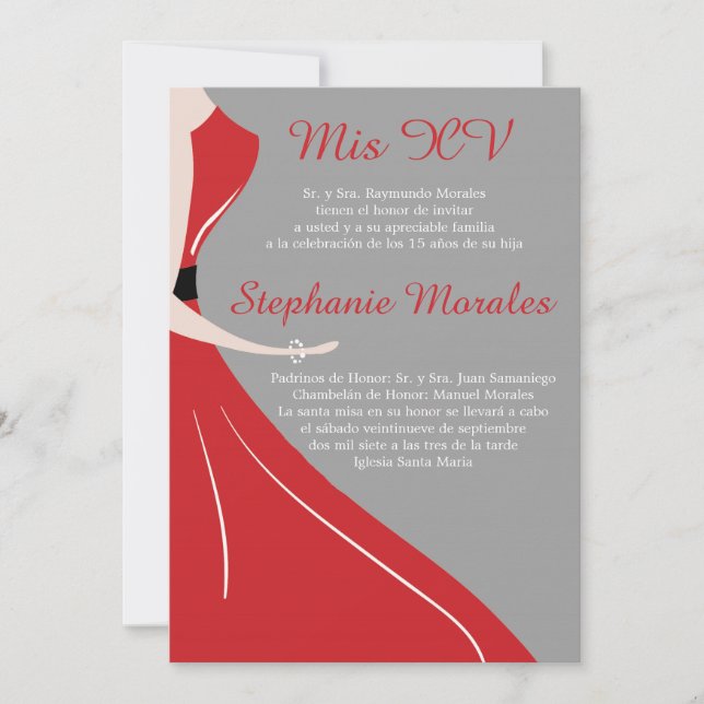 Rotes Kleid Silhouette Quinceanera Einladung (Vorderseite)