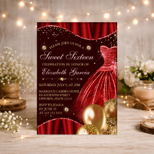 Rotes Kleid und goldene Glitterballons Sweet 16 Einladung