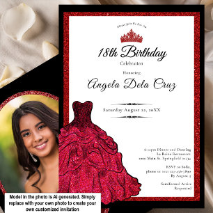 Rotes Kleid und Tiara 18. Geburtstagsdebüt Einladung