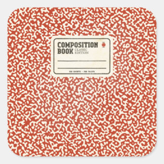 Rotes KompositionsNotebook mit Label Quadratischer Aufkleber