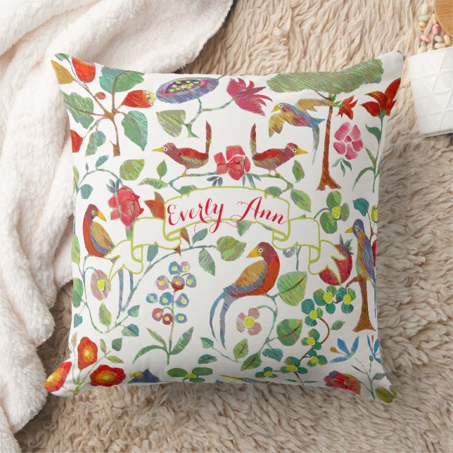 Rotes Korallenmuster Limon Pink Lilac Floral Bird  Kissen (Decke)