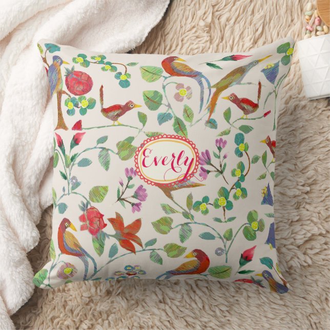 Rotes Korallenmuster Limon Pink Lilac Floral Bird  Kissen (Decke)