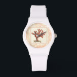 Rotes Korallenriff mit Conch-Muschel-Grenze Armbanduhr<br><div class="desc">Holen Sie sich dieses moderne Kunstwerk heute mit cremefarbenem Hintergrund. Dieses Kunstwerk enthält eine rote, schattige Koralle, die sehr scharf und lebendig ist und eine dekorative Muschel hat. Es ist ein zeitgenössisches Kunstwerk, das sich perfekt für jedes nautische Thema eignet, für das man sich entscheiden möchte.</div>