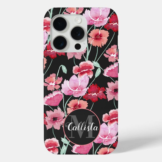 Rotes Korallenrosa Schwarze Aquarellfarben Blume M Case-Mate iPhone Hülle (Rückseite)