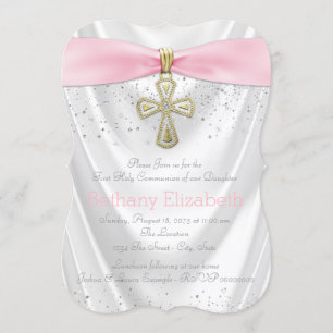 Rotes Kreuz Erstkommunion Weißer Satin Rosa Einladung