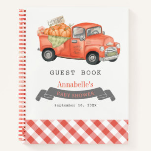 Rotes Kürbislieferwagen Gingham Baby Shower Gästeb Notizbuch
