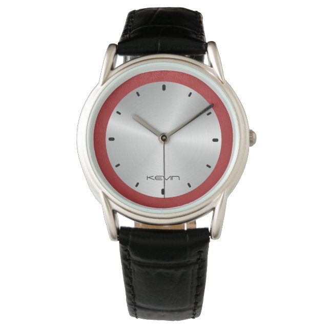 Rotes Leder und metallischer Edelstahl Armbanduhr (Vorderseite)