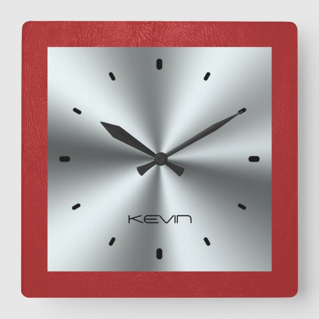 Rotes Leder und metallischer Edelstahl Quadratische Wanduhr (Vorderseite)