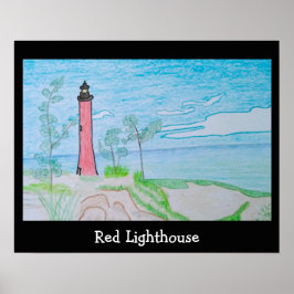 Rotes Leuchtturmhaus am Strand Poster