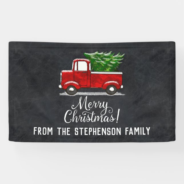 Rotes Lieferwagen-LKW-Baum-frohe Weihnacht-Land Banner (Horizontal)
