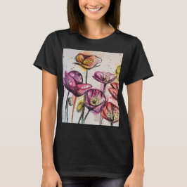 Rotes Lila rosa Mohnblumen Wasserfarben Kunst T-Shirt